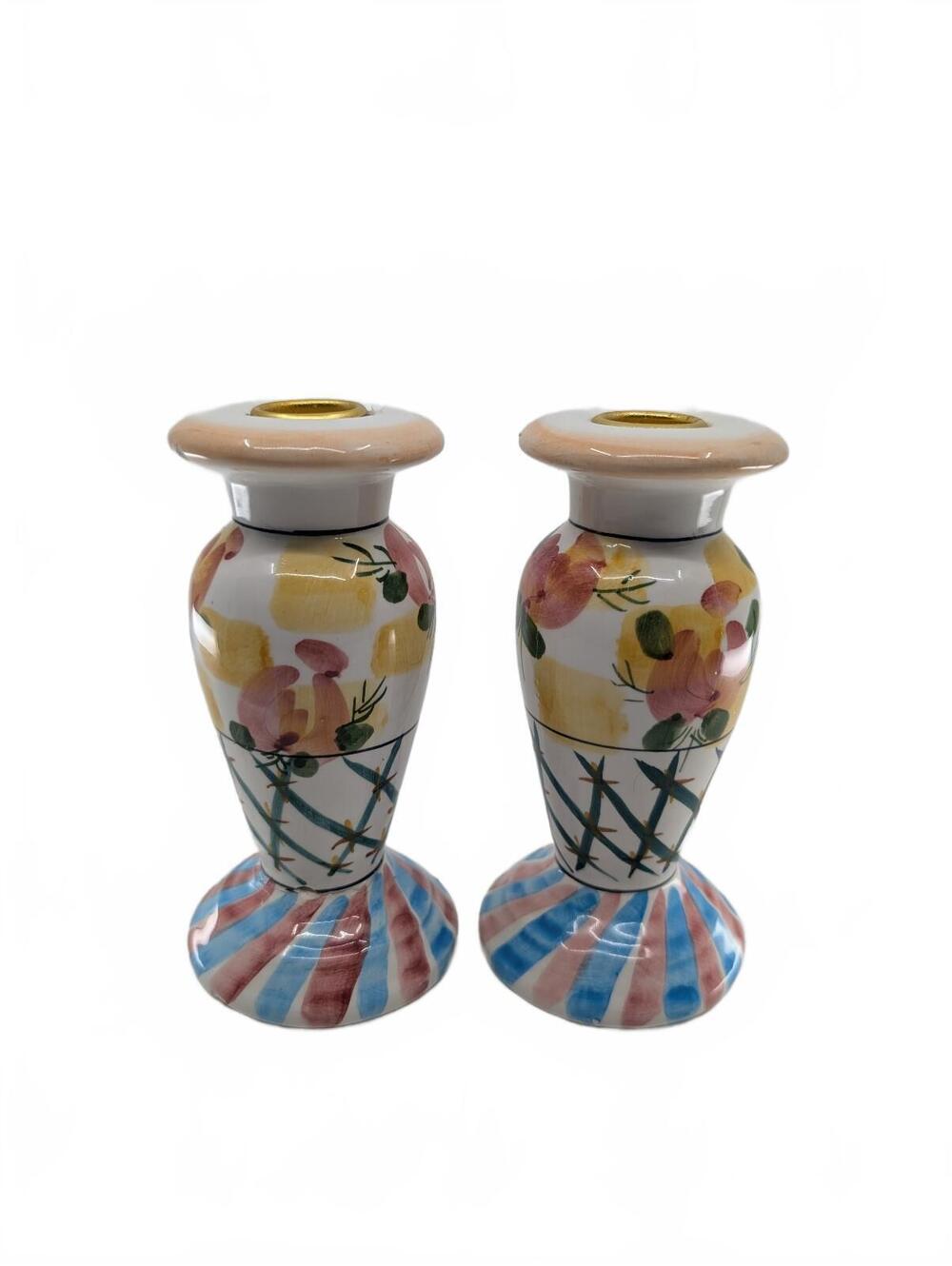 Vintage Hand Painted Floral Ceramic Candle Holder Pair Gold Accents - READ
